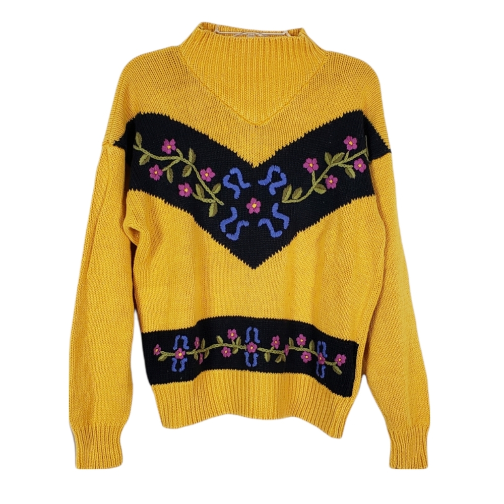 Vintage Debra Martin Yellow and Black Knit Sweater with Floral Embroidery